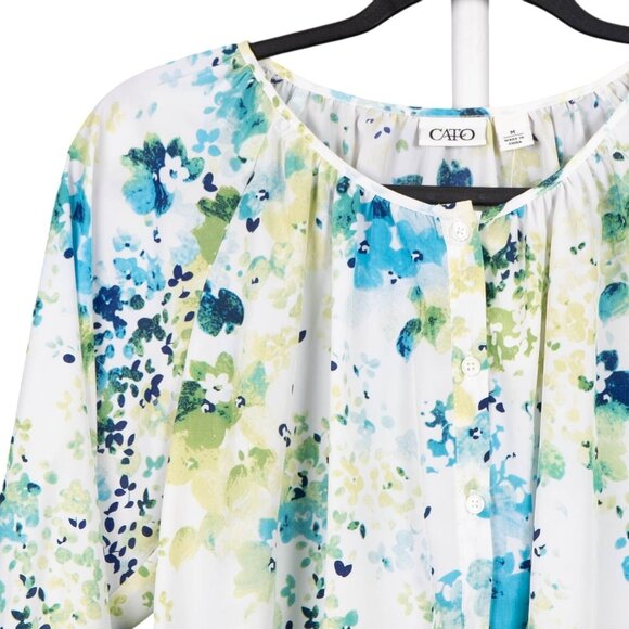 Cato Floral Blouse M Womens New Print Button Up Tie 3/4 Sleeve White Blue Green - Picture 2 of 7